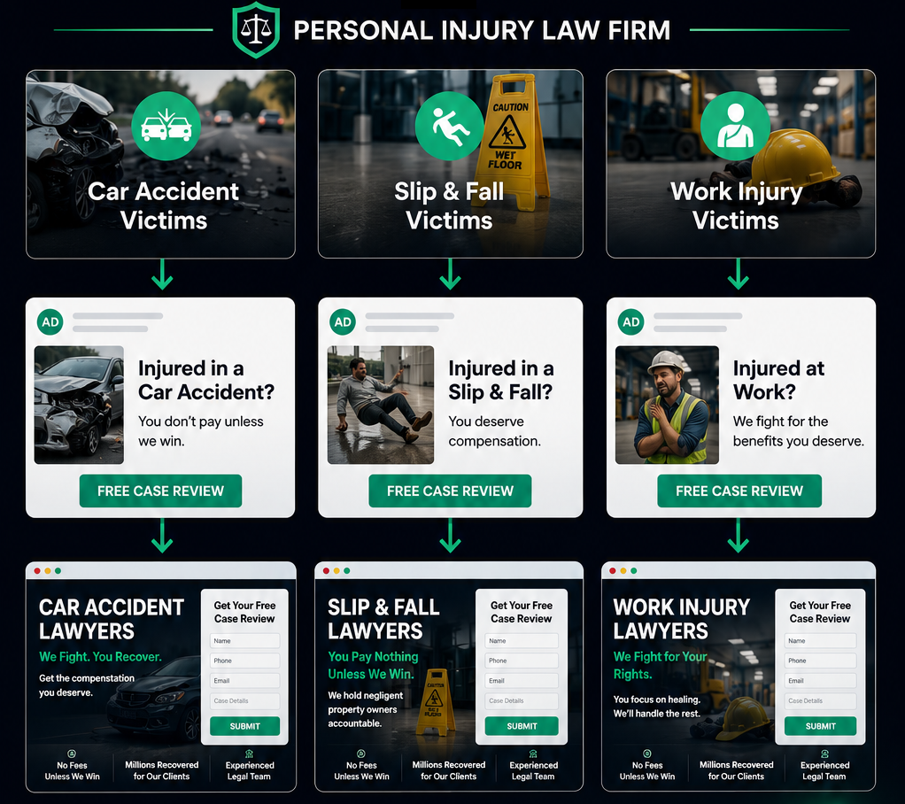 Personal Injury law firm — one ad per audience, one matched landing page per ad
